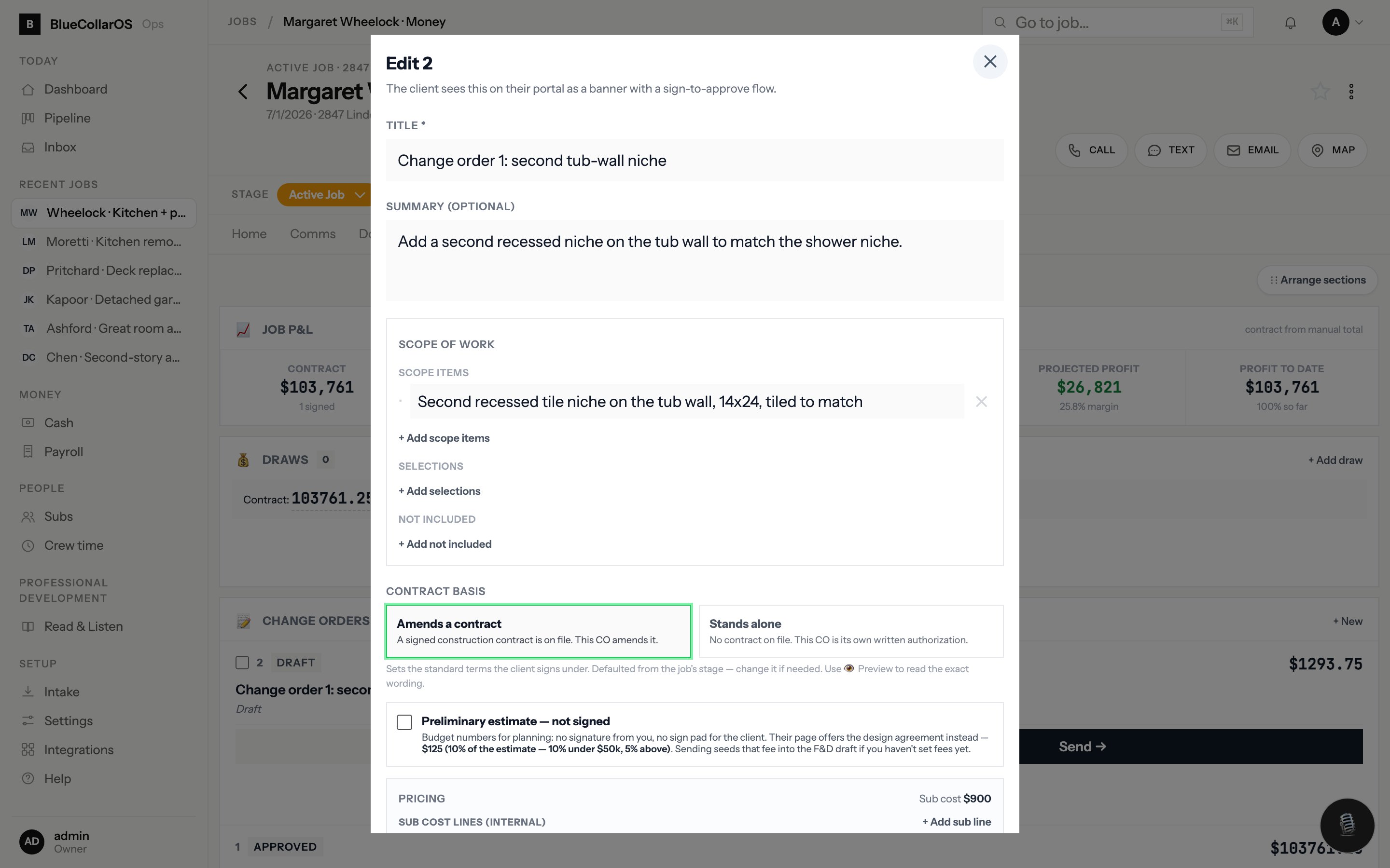 Estimate editor with cost-coded line items and the client-facing total