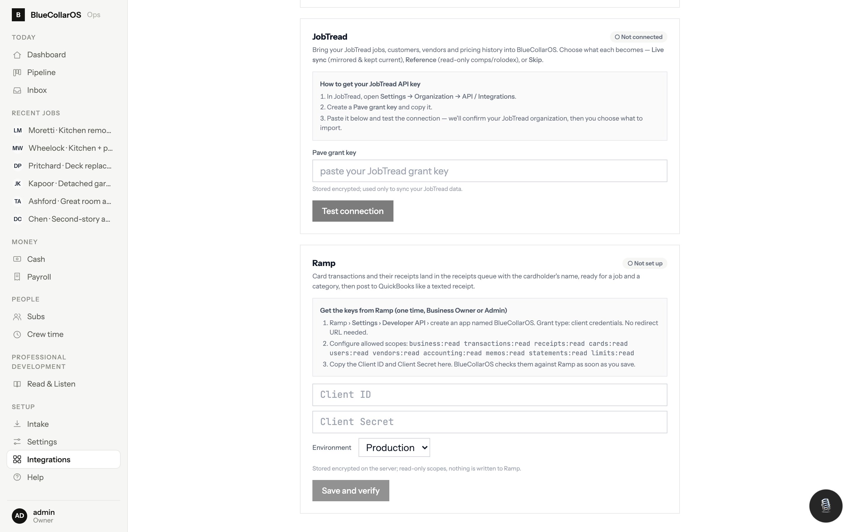 Integrations settings with QuickBooks, Microsoft 365, Twilio, Ramp and Gusto cards
