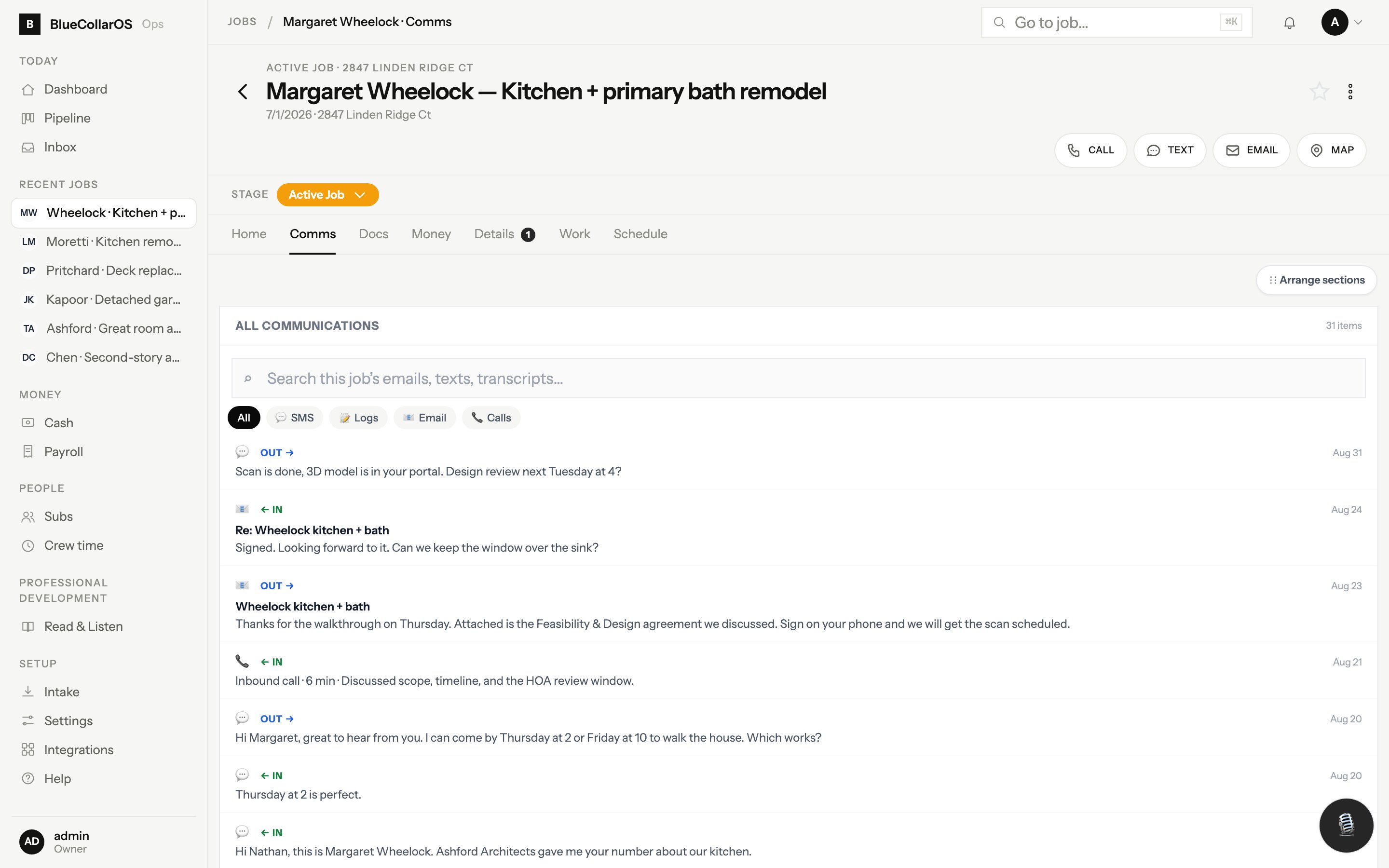 A job's communications tab showing texts, calls and emails in one thread