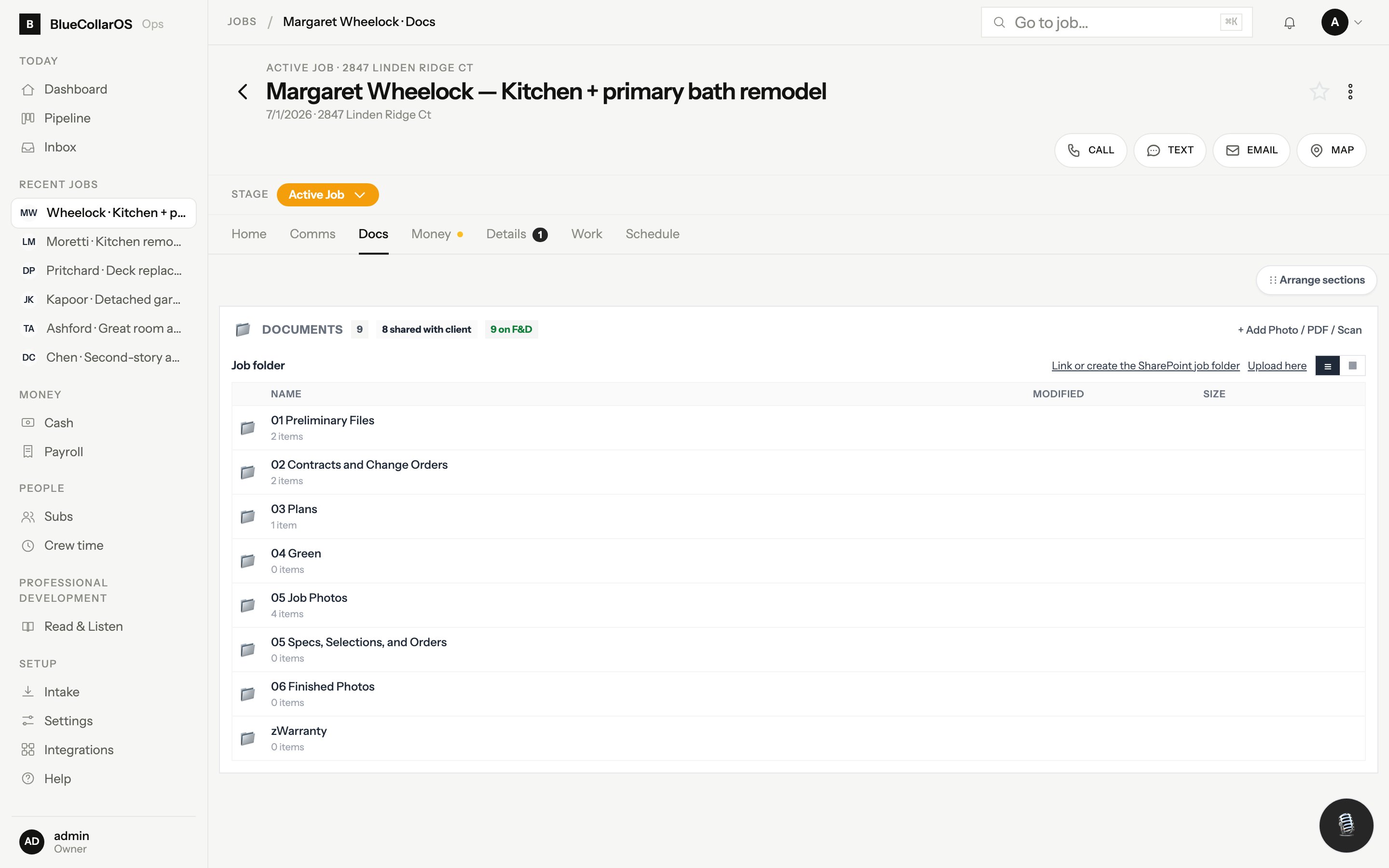 Job documents tab mirroring the SharePoint folder structure