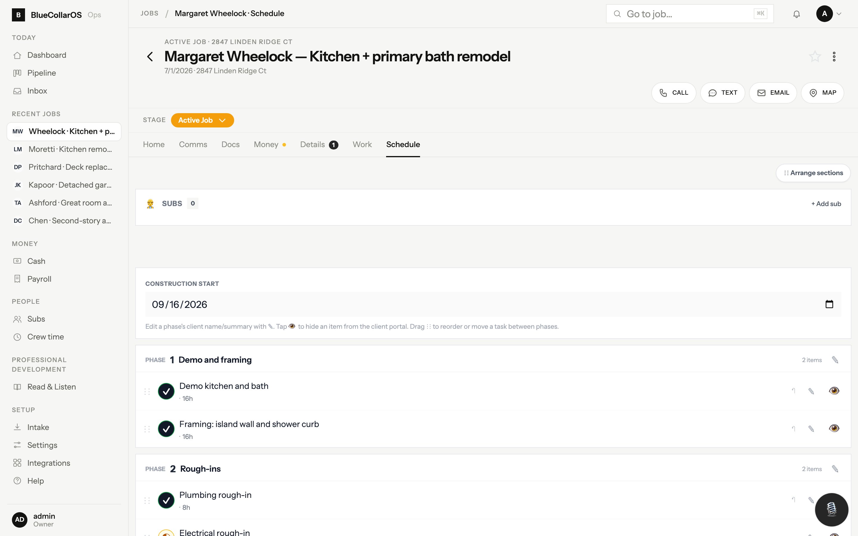Job schedule with phases, tasks and target dates
