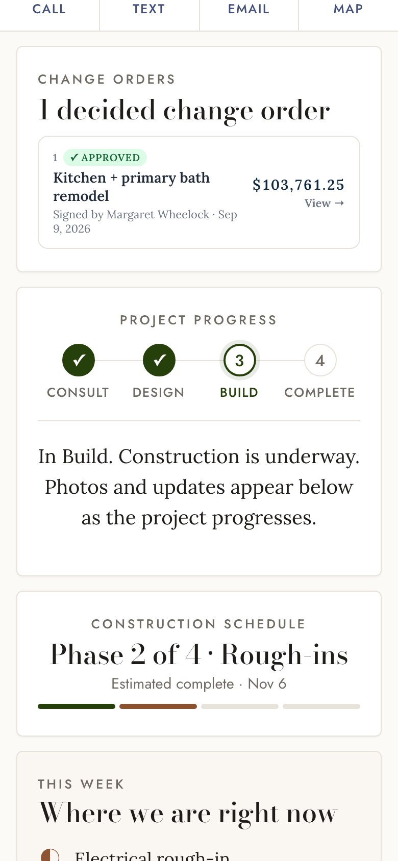 Client portal on a phone showing daily logs and photos
